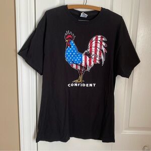 Black Graphic T-Shirt Confident American Flag Rooster Design Large Patriotic